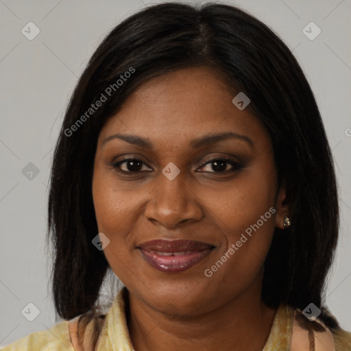 Joyful black young-adult female with medium  brown hair and brown eyes