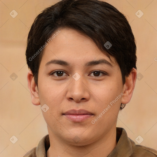 Joyful white young-adult female with short  brown hair and brown eyes