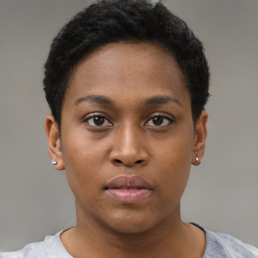 Neutral black young-adult female with short  brown hair and brown eyes