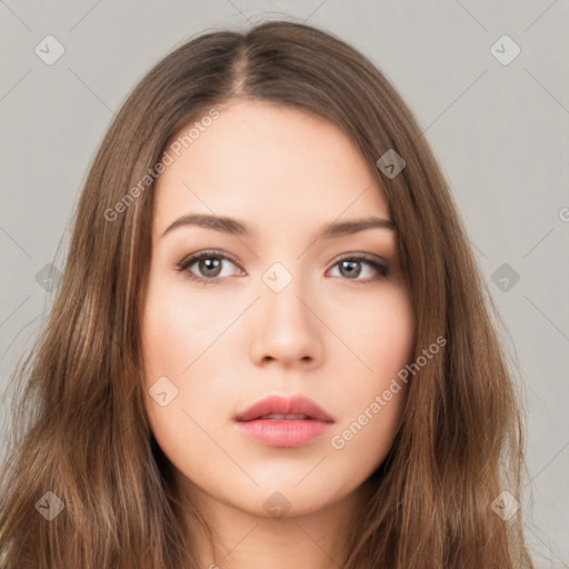 Neutral white young-adult female with long  brown hair and brown eyes