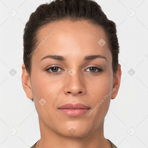 Joyful white young-adult female with short  brown hair and brown eyes