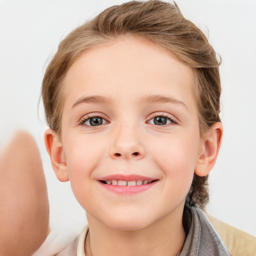 Joyful white child female with medium  brown hair and blue eyes