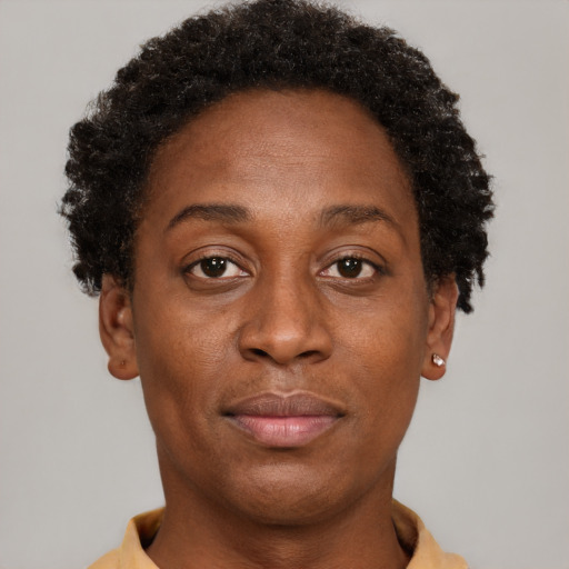 Neutral black adult female with short  brown hair and brown eyes
