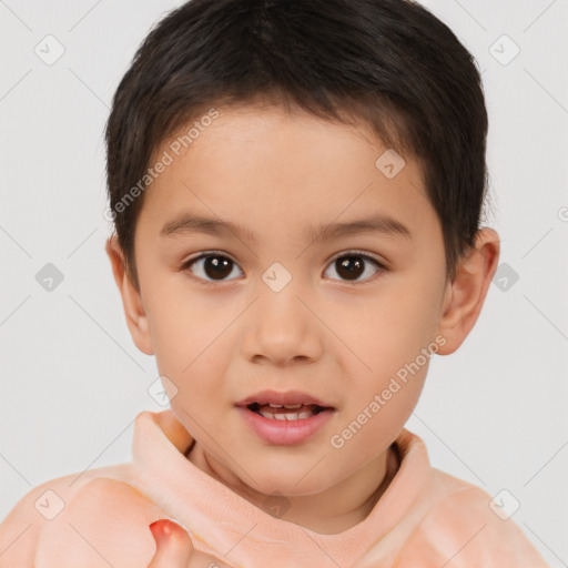 Joyful white child male with short  brown hair and brown eyes