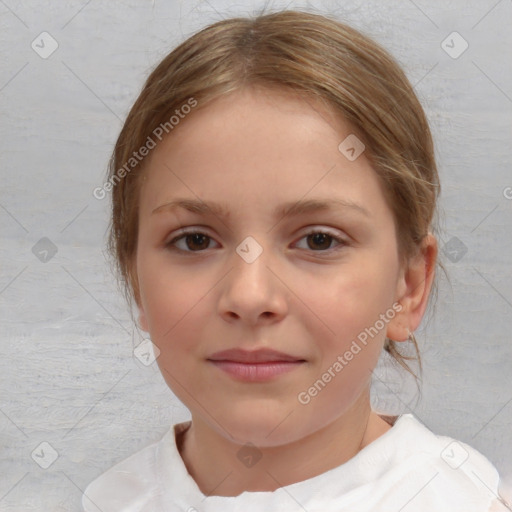 Joyful white child female with medium  brown hair and brown eyes