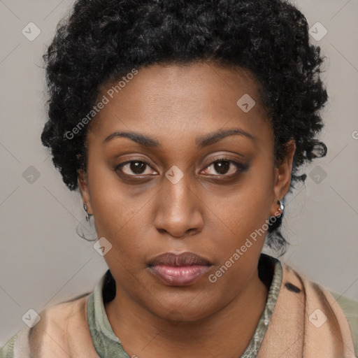 Neutral latino young-adult female with short  brown hair and brown eyes
