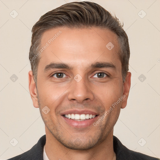 Joyful white young-adult male with short  brown hair and brown eyes