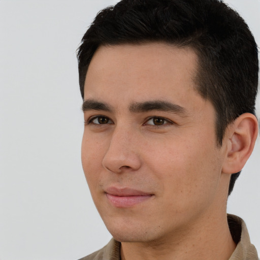 Neutral asian young-adult male with short  brown hair and brown eyes