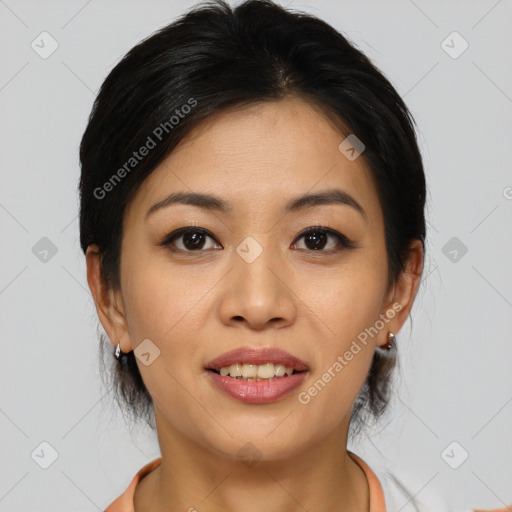 Joyful asian young-adult female with medium  brown hair and brown eyes