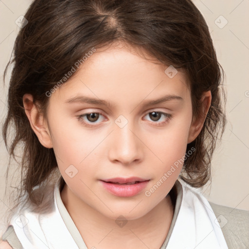 Joyful white child female with medium  brown hair and brown eyes