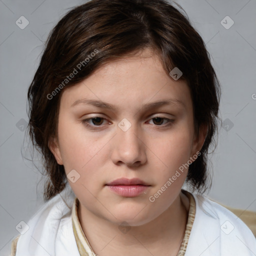 Neutral white young-adult female with medium  brown hair and brown eyes