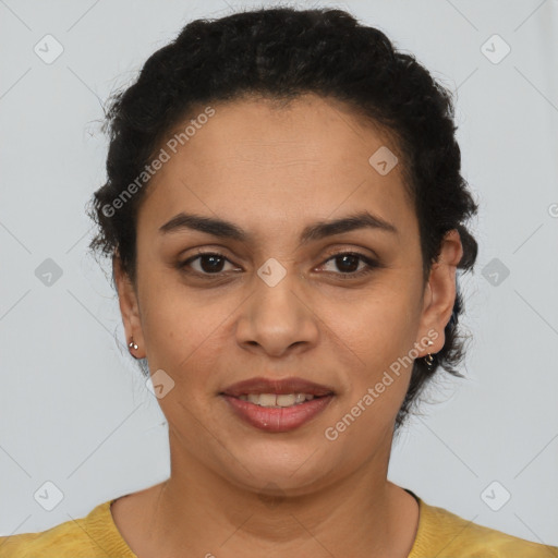 Joyful latino young-adult female with short  brown hair and brown eyes