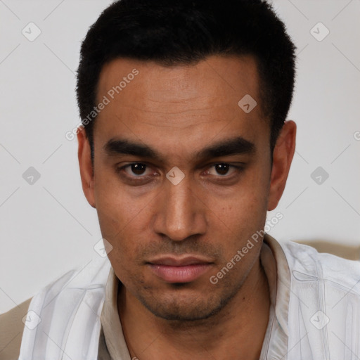 Neutral white young-adult male with short  black hair and brown eyes