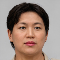 Neutral asian adult female with short  brown hair and brown eyes