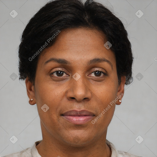 Joyful black adult female with short  brown hair and brown eyes