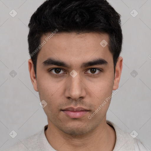 Neutral white young-adult male with short  black hair and brown eyes