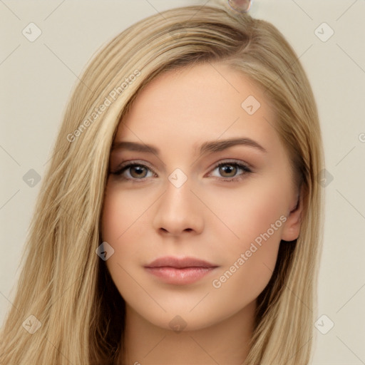 Neutral white young-adult female with long  brown hair and brown eyes