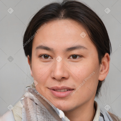 Joyful asian young-adult female with short  brown hair and brown eyes