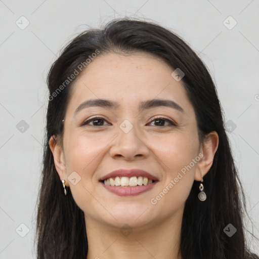 Joyful white young-adult female with long  brown hair and brown eyes