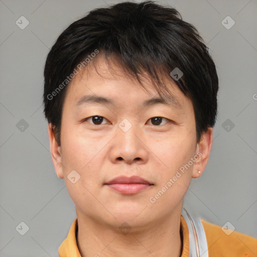 Neutral asian young-adult male with short  brown hair and brown eyes