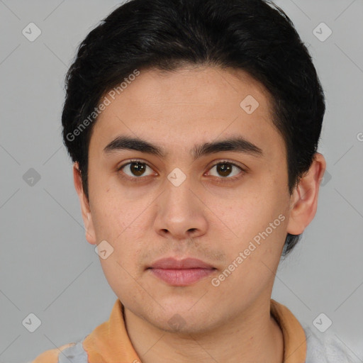 Neutral latino young-adult male with short  brown hair and brown eyes