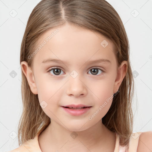 Joyful white child female with medium  brown hair and brown eyes