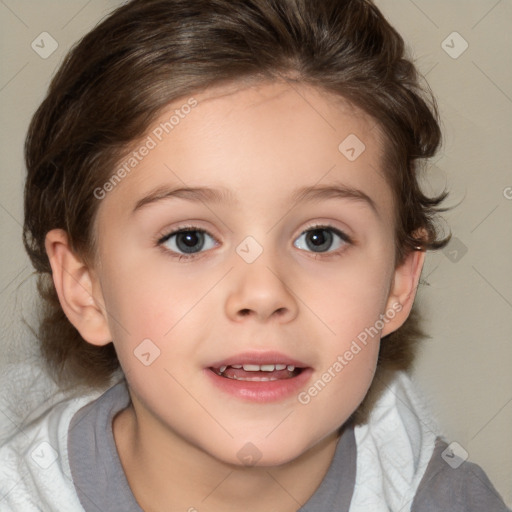 Joyful white child female with medium  brown hair and brown eyes