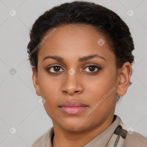 Neutral latino young-adult female with short  brown hair and brown eyes