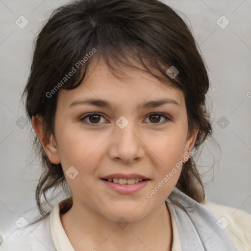 Joyful white child female with medium  brown hair and brown eyes