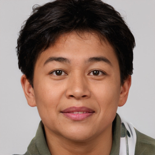 Joyful asian young-adult female with short  brown hair and brown eyes