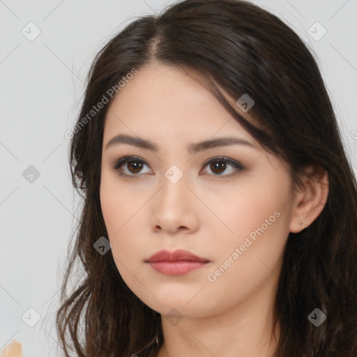 Neutral asian young-adult female with long  brown hair and brown eyes