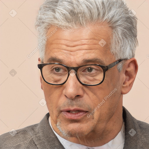 Neutral white middle-aged male with short  gray hair and brown eyes