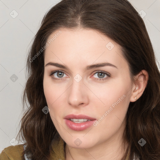 Neutral white young-adult female with medium  brown hair and brown eyes