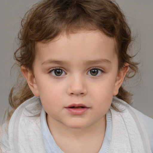 Neutral white child female with medium  brown hair and blue eyes