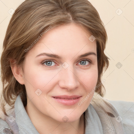 Joyful white young-adult female with medium  brown hair and blue eyes