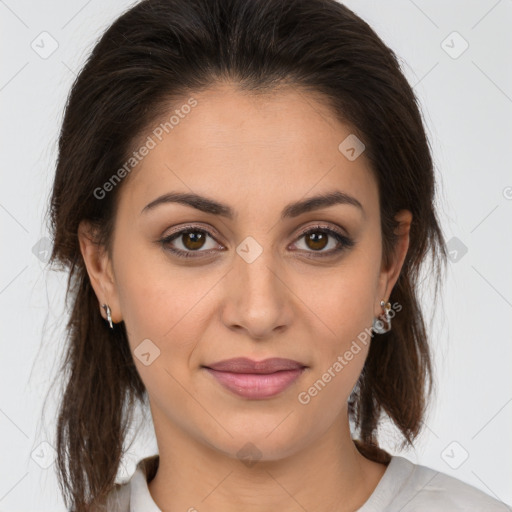 Joyful white young-adult female with medium  brown hair and brown eyes