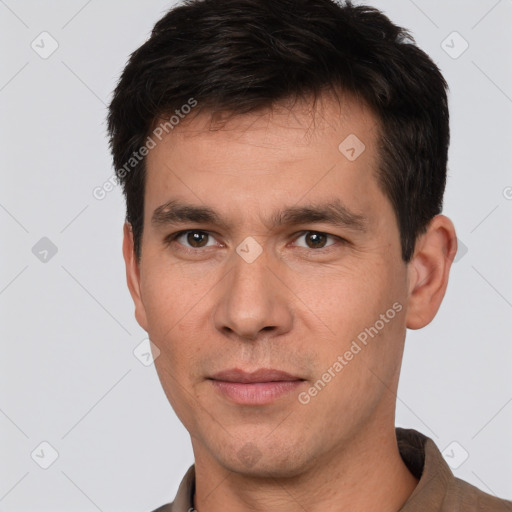 Neutral white adult male with short  brown hair and brown eyes