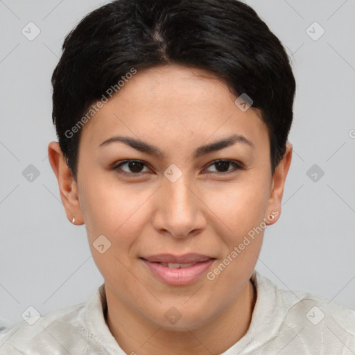 Joyful asian young-adult female with short  brown hair and brown eyes