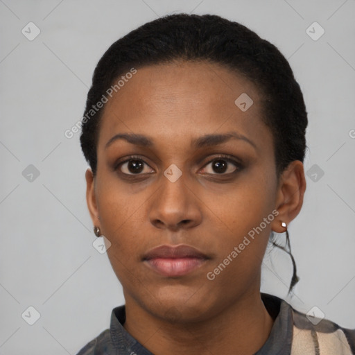 Neutral black young-adult female with short  black hair and brown eyes