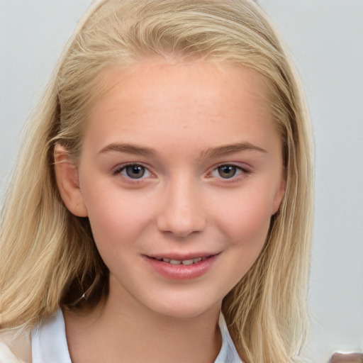 Joyful white child female with medium  brown hair and brown eyes