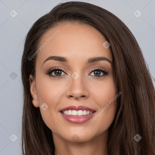 Joyful white young-adult female with long  brown hair and brown eyes