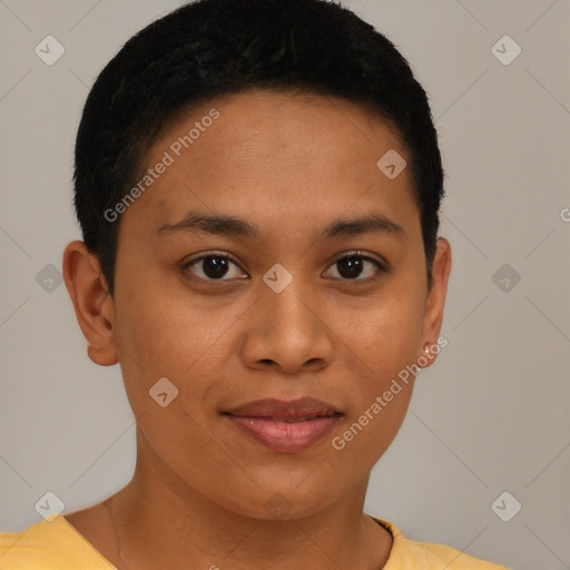 Joyful latino young-adult female with short  brown hair and brown eyes