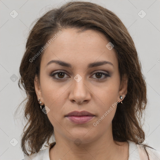 Neutral white young-adult female with medium  brown hair and brown eyes