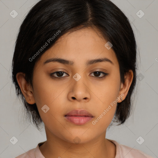 Neutral asian young-adult female with medium  brown hair and brown eyes