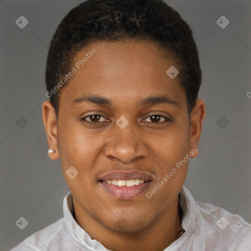 Joyful black young-adult male with short  brown hair and brown eyes