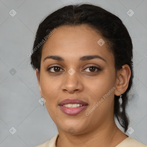 Joyful latino young-adult female with medium  brown hair and brown eyes