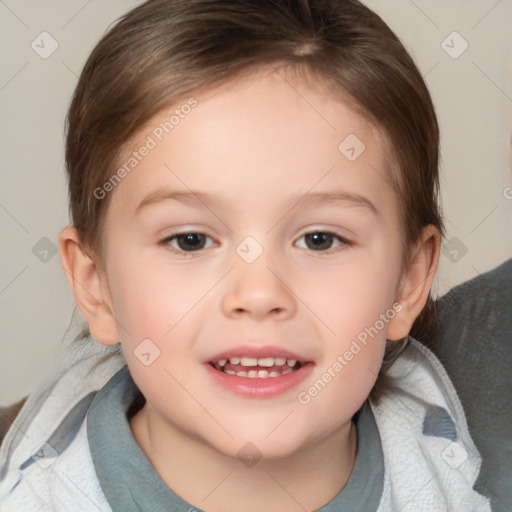 Joyful white child female with medium  brown hair and brown eyes