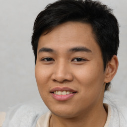 Joyful asian young-adult male with short  brown hair and brown eyes