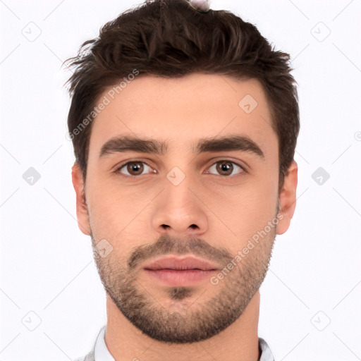 Neutral white young-adult male with short  brown hair and brown eyes