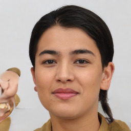 Joyful asian young-adult female with short  brown hair and brown eyes